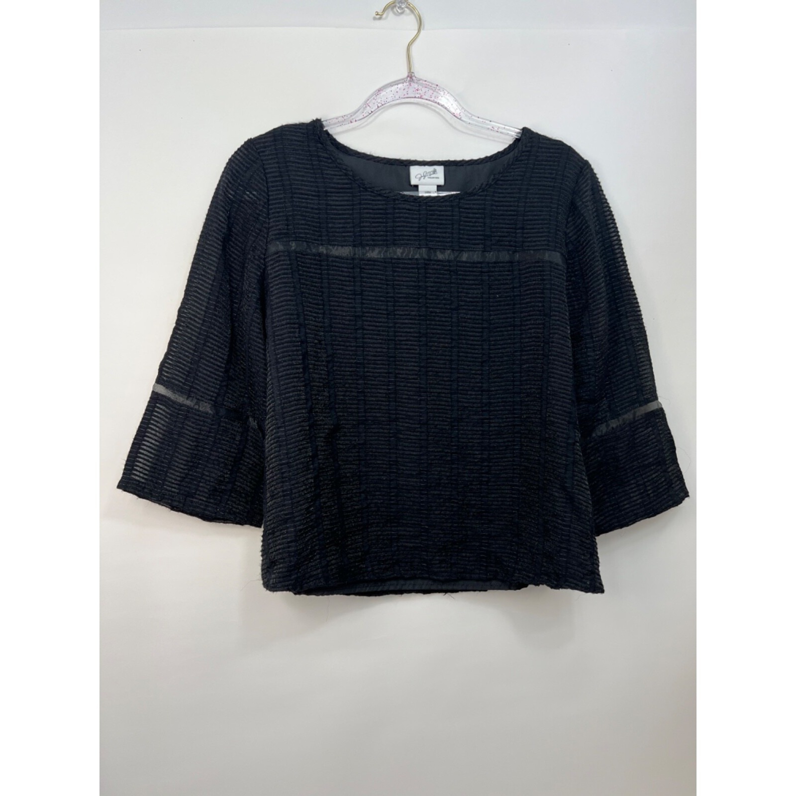 Jaclyn Smith Elegant Black Short Sleeve Round Neck Top Sheer Sleeves Women Sz M